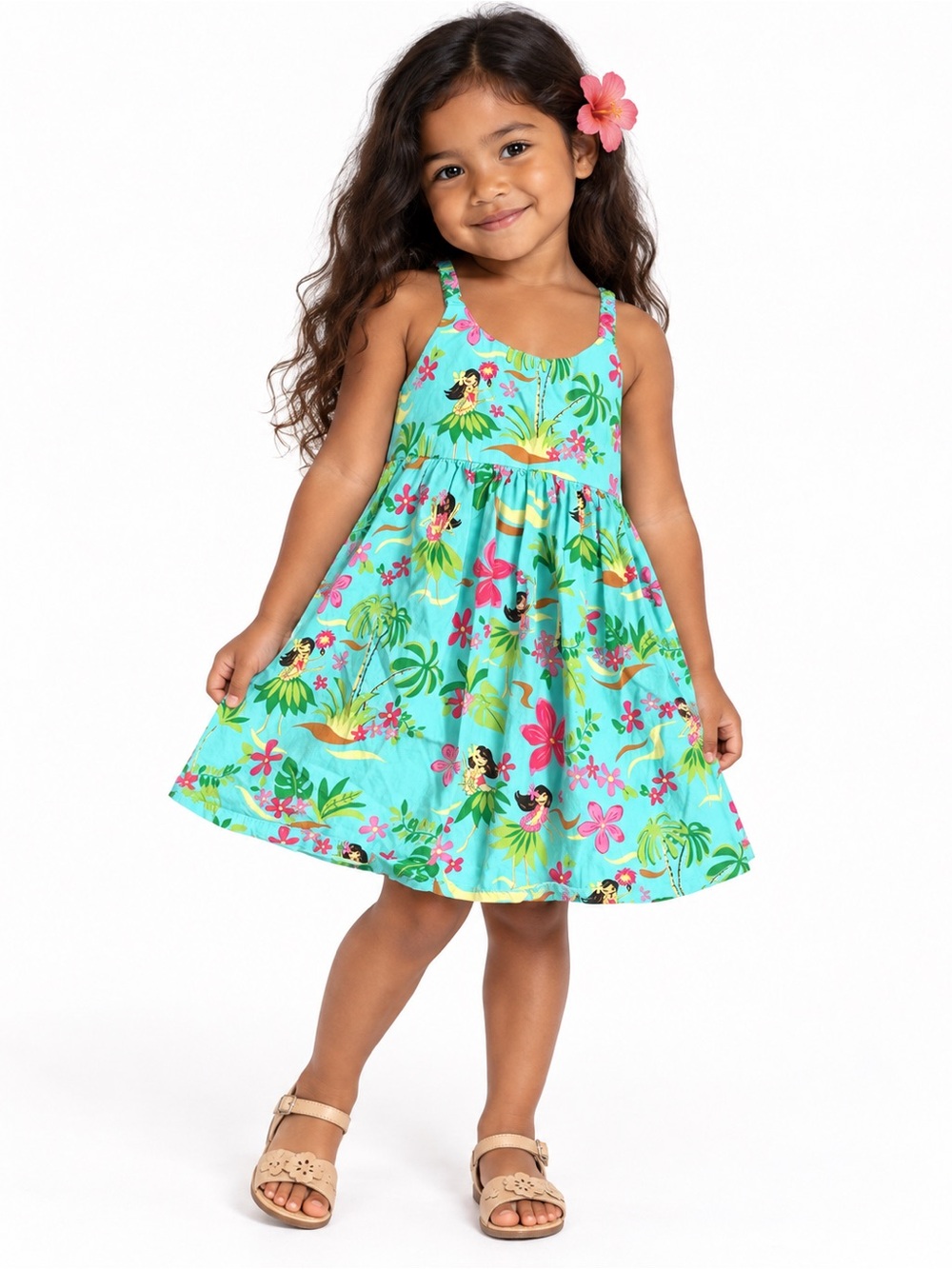 RJC Girls 4T Hawaiian Hula Girl Tropical Floral Turquoise A Line Sundress Dress